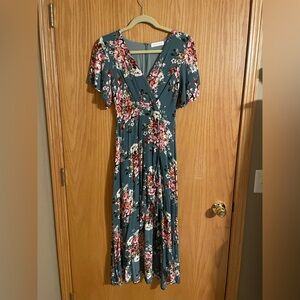 High-Low Floral Maxi Dress in Teal and Pink